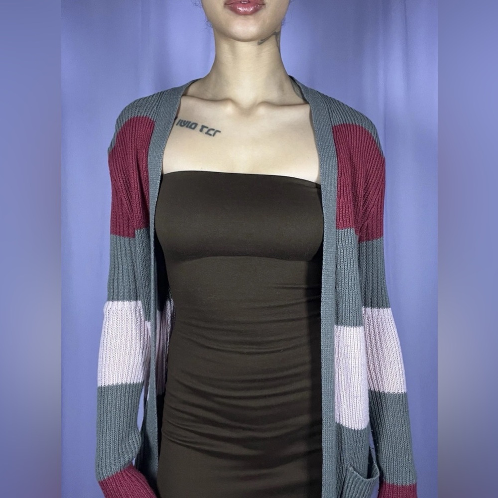 Derek Heart Grey Pink Red Striped Open Front Cardigan Sweater Womens Size S Boho